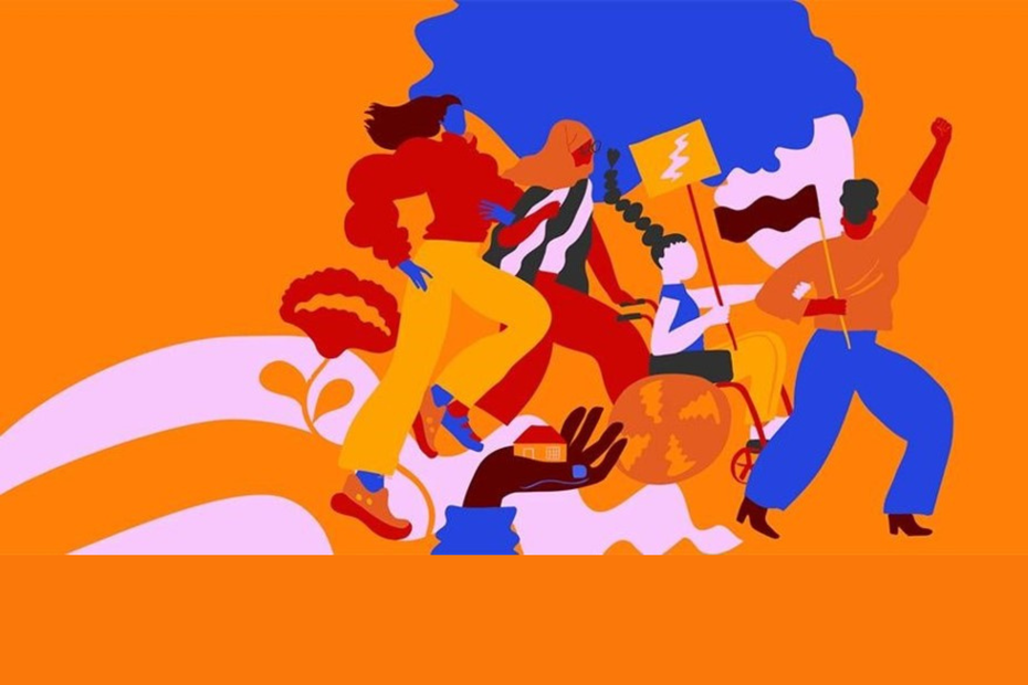 An illustration of women marching forward, with an orange background